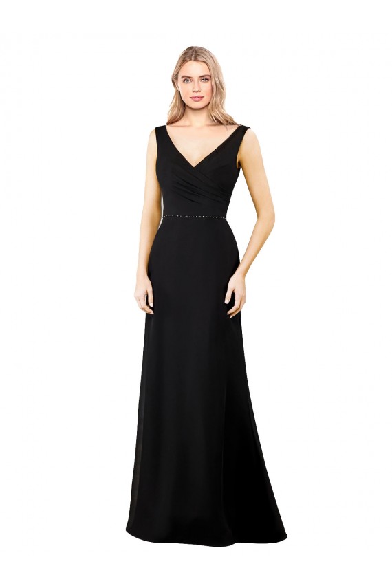 Schwarz A-Linien V-Ausschnitt Chiffon Lange Brautjungfernkleider / Abiballkleider Online