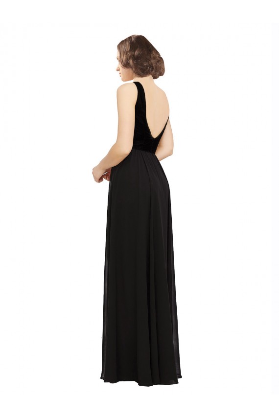 Schwarz A-Linien V-Ausschnitt Chiffon Samt Lange Brautjungfernkleider / Abiballkleider Online