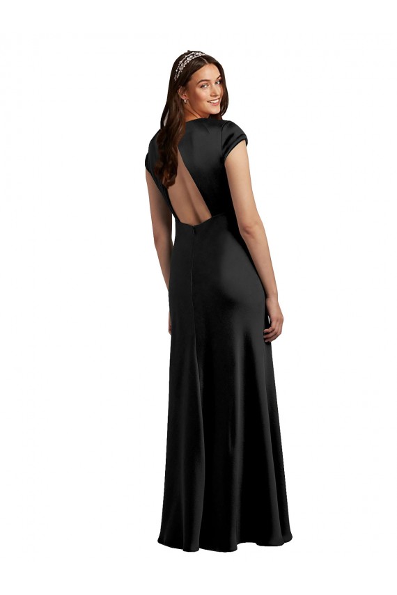 Schwarz A-Linien V-Ausschnitt Stretch-Satin Lange Formale Brautjungfernkleider / Abendkleider / Abiballkleider Online