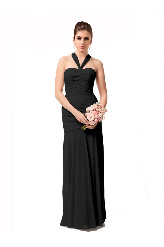 Schwarz Meerjungfrau Neckholder Chiffon Lange Brautjungfernkleider Online