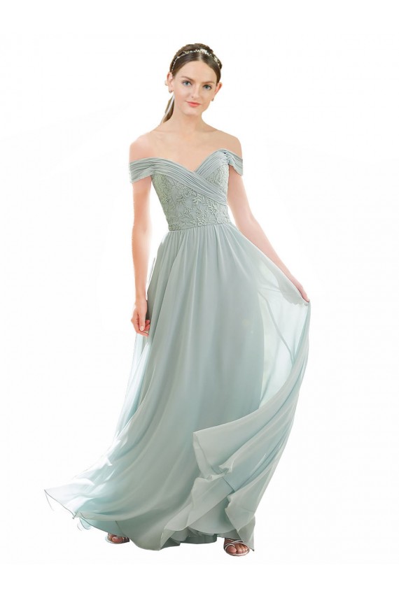 Seeglas A-Linien Off-Schulter Chiffon Spitze Lange Brautjungfernkleider Online