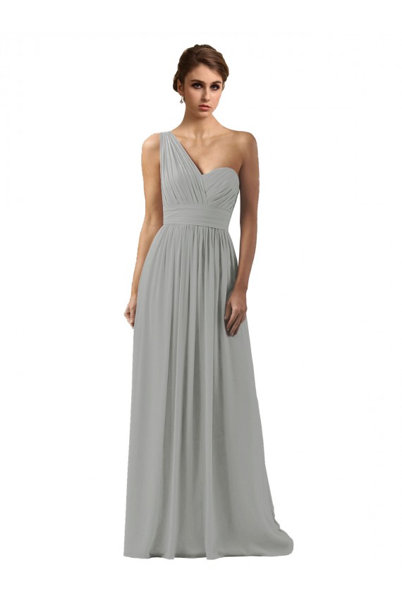 Silber A-Linien Eine-Schulter Chiffon Lange Brautjungfernkleider Online