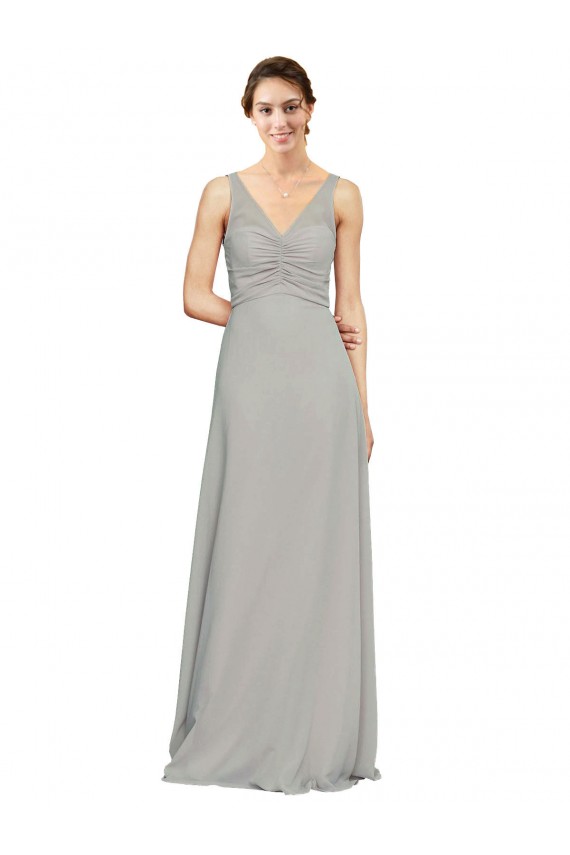 Silber A-Linien V-Ausschnitt Chiffon Lange Brautjungfernkleider Online