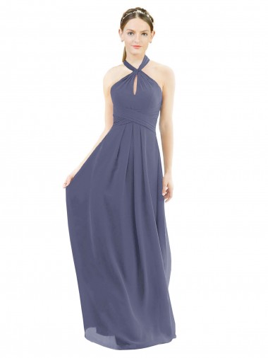 Silberner Stein A-Linien Neckholder Chiffon Lange Brautjungfernkleider Online