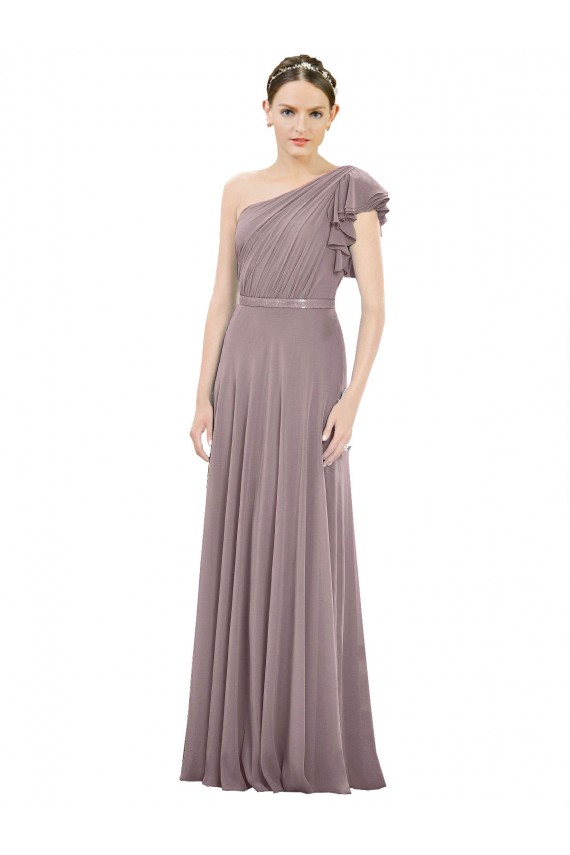 Staubige Rose A-Linien Eine-Schulter Chiffon Lange Brautjungfernkleider Online