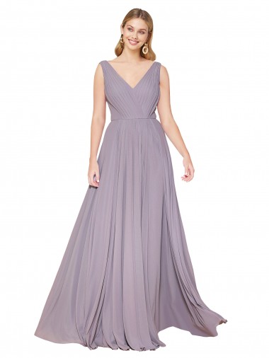 Staubige Rose A-Linien V-Ausschnitt Chiffon Lange Formale Brautjungfernkleider / Abendkleider / Abiballkleider Online