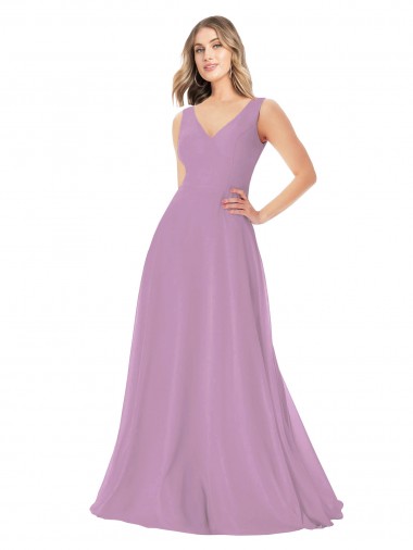 Staubiger Lavendel A-Linien V-Ausschnitt Chiffon Lange Brautjungfernkleider Online