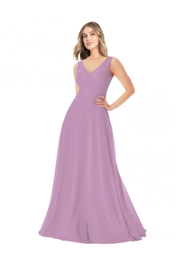 Staubiger Lavendel A-Linien V-Ausschnitt Chiffon Lange Brautjungfernkleider Online