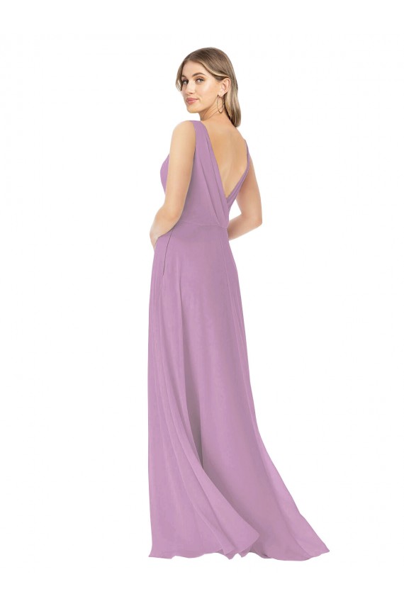 Staubiger Lavendel A-Linien V-Ausschnitt Chiffon Lange Brautjungfernkleider Online