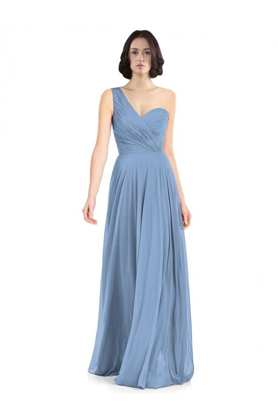 Staubiges Blau A-Linien Eine-Schulter Chiffon Lange Brautjungfernkleider Online
