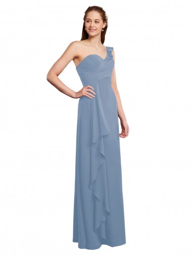 Staubiges Blau A-Linien Eine-Schulter Chiffon Lange Brautjungfernkleider Online