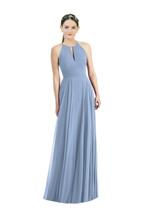 Staubiges Blau A-Linien Neckholder Chiffon Lange Brautjungfernkleider Online