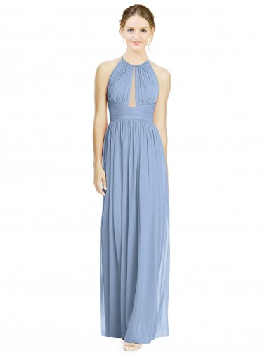 Staubiges Blau A-Linien Neckholder Chiffon Lange Brautjungfernkleider Online