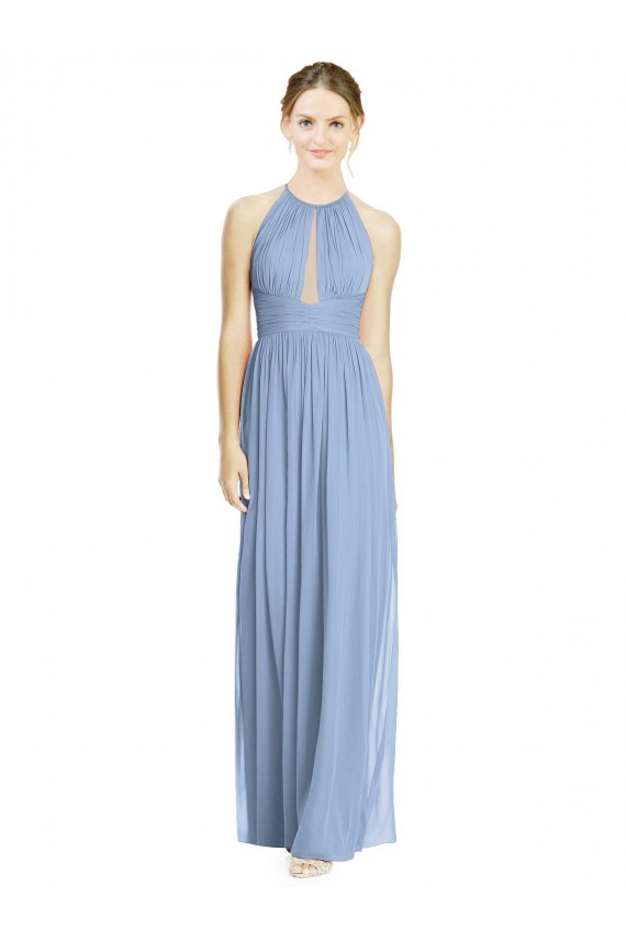 Staubiges Blau A-Linien Neckholder Chiffon Lange Brautjungfernkleider Online