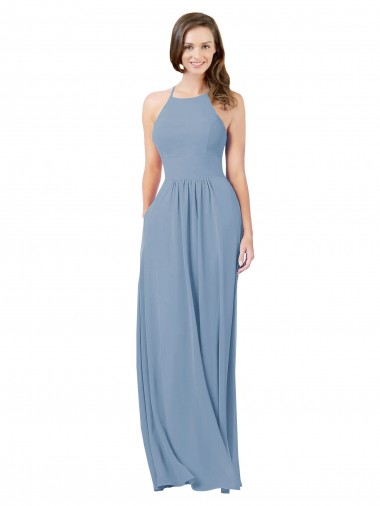 Staubiges Blau A-Linien Neckholder Chiffon Lange Brautjungfernkleider Online