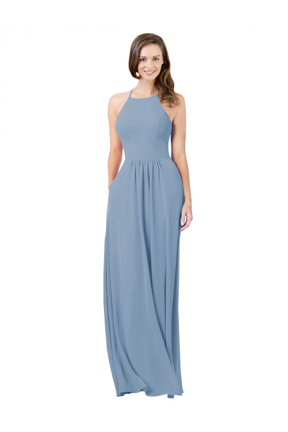 Staubiges Blau A-Linien Neckholder Chiffon Lange Brautjungfernkleider Online