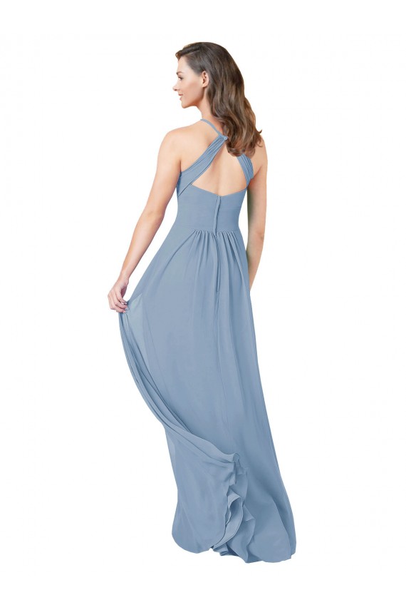 Staubiges Blau A-Linien Neckholder Chiffon Lange Brautjungfernkleider Online