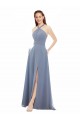 Staubiges Blau A-Linien Neckholder Stehkragen Ausschnitt Chiffon Lange Brautjungfernkleider Online