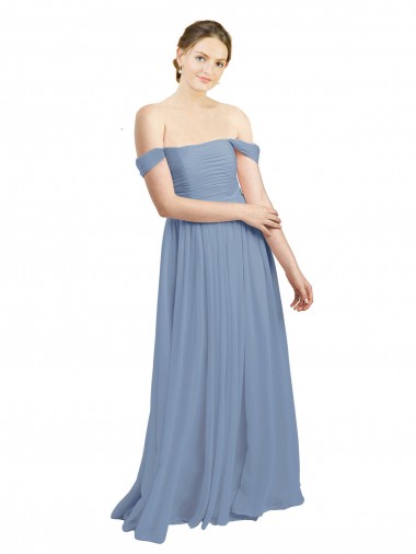Staubiges Blau A-Linien Off-Schulter Chiffon Lange Brautjungfernkleider Online
