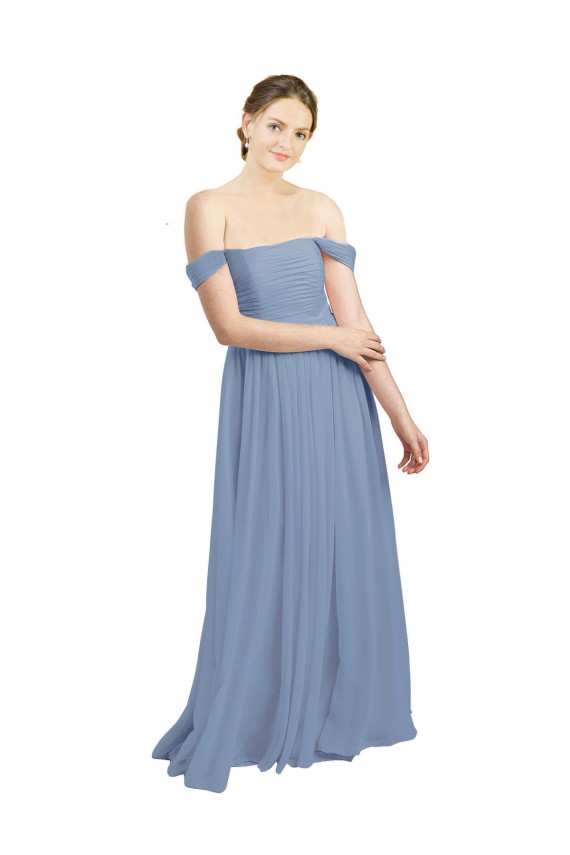 Staubiges Blau A-Linien Off-Schulter Chiffon Lange Brautjungfernkleider Online