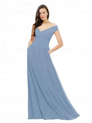 Staubiges Blau A-Linien Off-Schulter Chiffon Lange Brautjungfernkleider Online