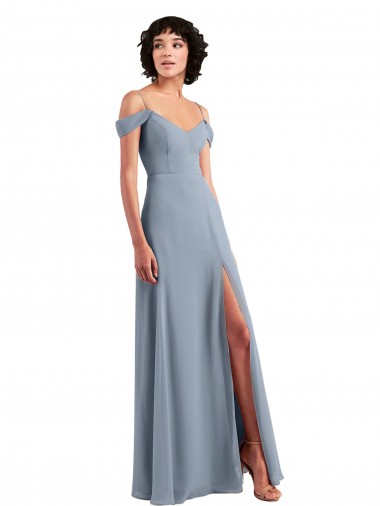 Staubiges Blau A-Linien Off-Schulter Spaghetti-Träger Chiffon Lange Brautjungfernkleider Online