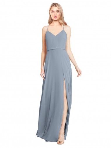 Staubiges Blau A-Linien Off-Schulter Spaghetti-Träger Chiffon Lange Brautjungfernkleider Online