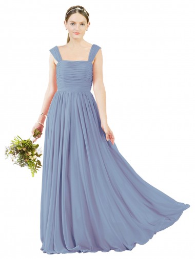 Staubiges Blau A-Linien Quadrat Ausschnitt Chiffon Lange Brautjungfernkleider Online