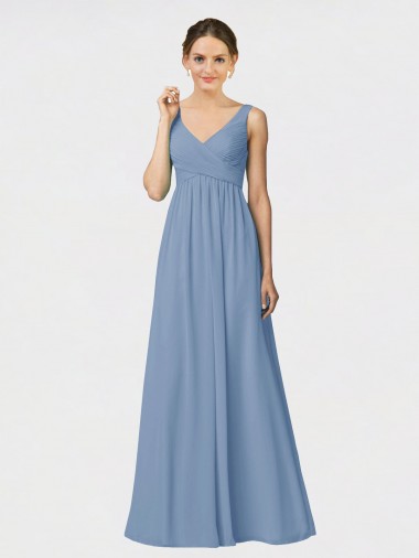 Staubiges Blau A-Linien Spaghetti-Träger Chiffon Lange Brautjungfernkleider Online