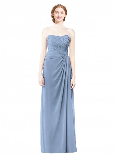 Staubiges Blau A-Linien Trägerlos Chiffon Lange Brautjungfernkleider Online