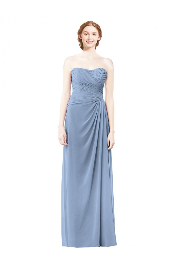 Staubiges Blau A-Linien Trägerlos Chiffon Lange Brautjungfernkleider Online