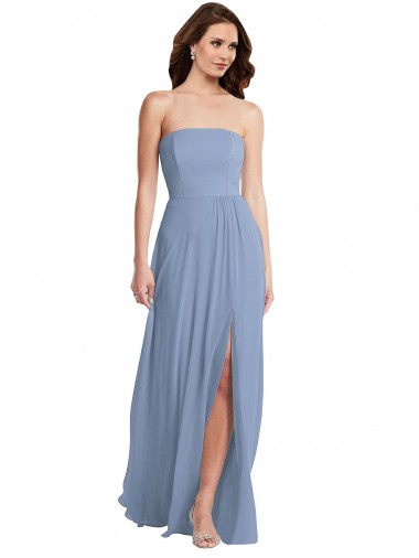 Staubiges Blau A-Linien Trägerlos Chiffon Lange Brautjungfernkleider Online