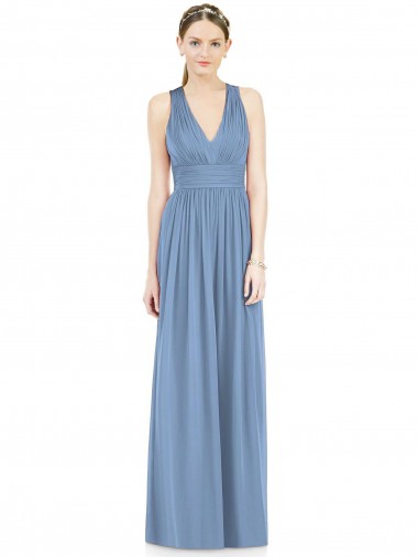 Staubiges Blau A-Linien V-Ausschnitt Chiffon Lange Brautjungfernkleider Online