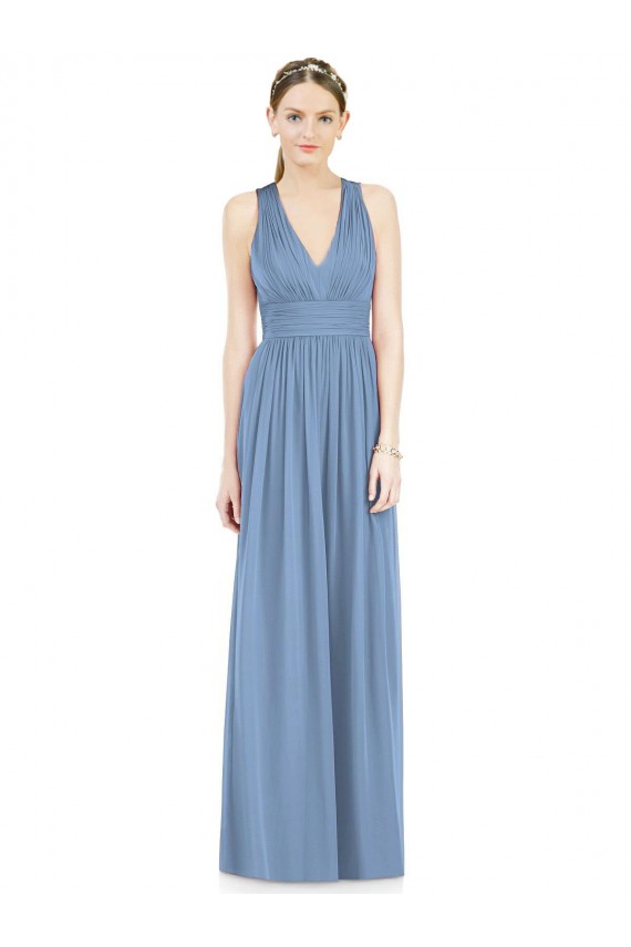 Staubiges Blau A-Linien V-Ausschnitt Chiffon Lange Brautjungfernkleider Online