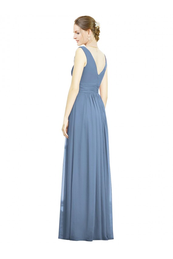 Staubiges Blau A-Linien V-Ausschnitt Chiffon Lange Brautjungfernkleider Online