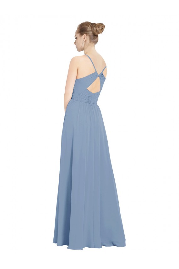 Staubiges Blau A-Linien V-Ausschnitt Chiffon Lange Brautjungfernkleider Online