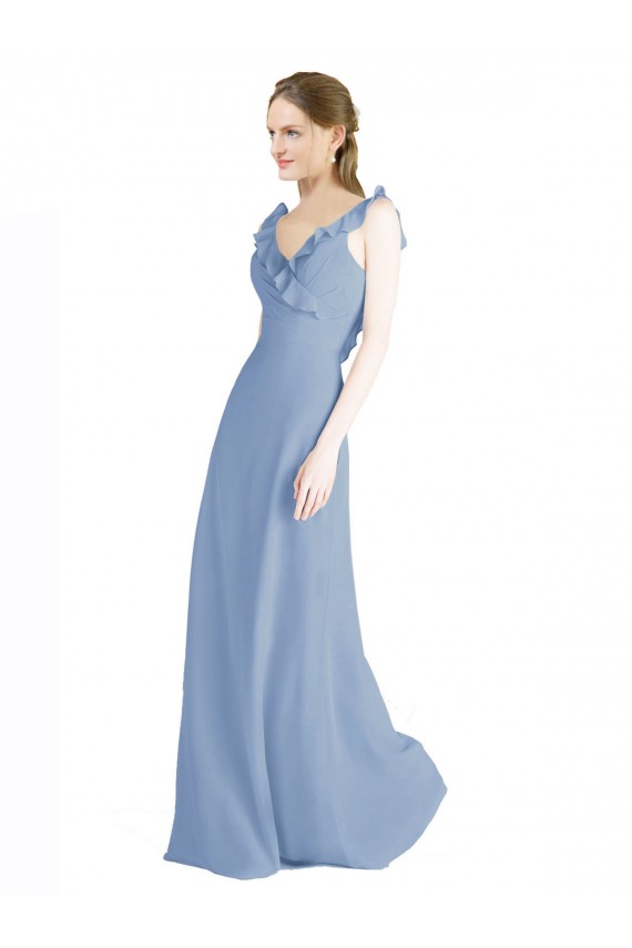 Staubiges Blau A-Linien V-Ausschnitt Chiffon Lange Brautjungfernkleider Online