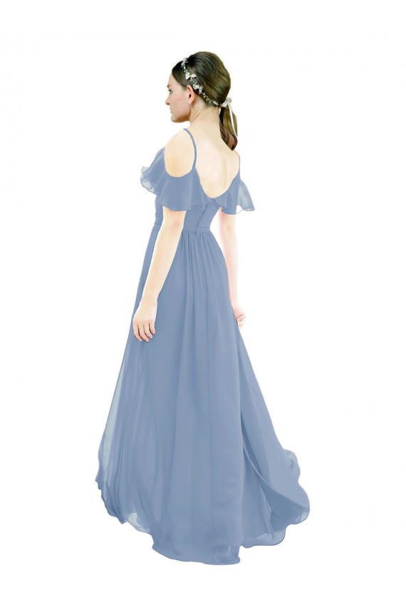 Staubiges Blau A-Linien V-Ausschnitt Chiffon Lange Brautjungfernkleider Online