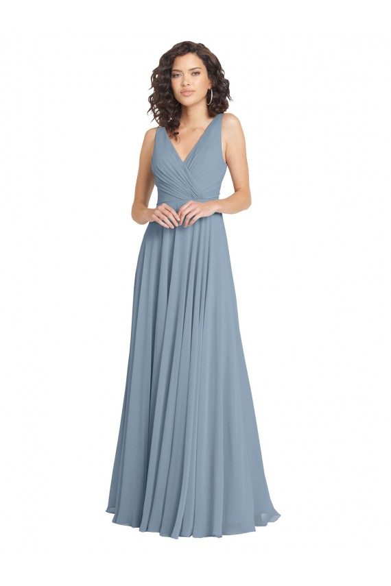 Staubiges Blau A-Linien V-Ausschnitt Chiffon Lange Brautjungfernkleider Online
