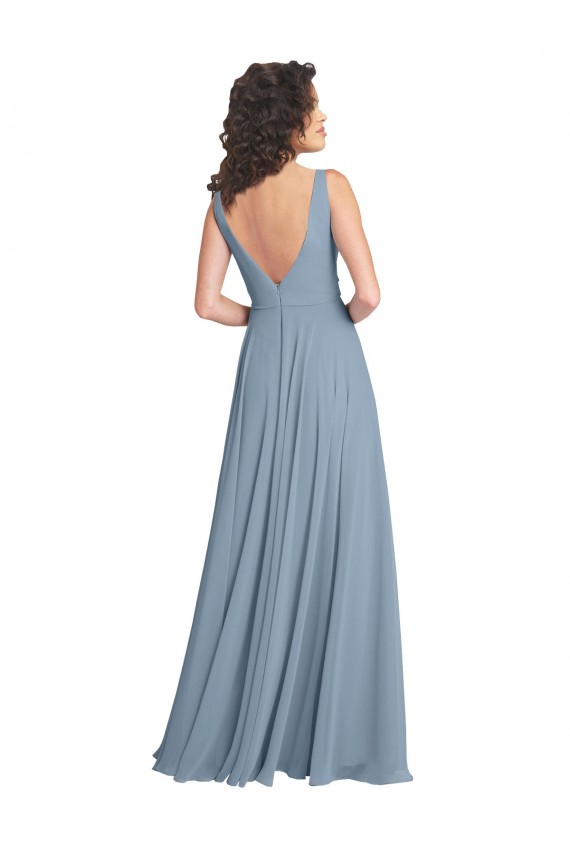 Staubiges Blau A-Linien V-Ausschnitt Chiffon Lange Brautjungfernkleider Online