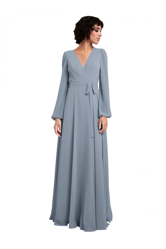 Staubiges Blau A-Linien V-Ausschnitt Chiffon Lange Brautjungfernkleider Online