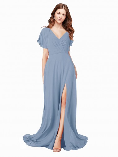Staubiges Blau A-Linien V-Ausschnitt Chiffon Lange Brautjungfernkleider / Abiballkleider Online