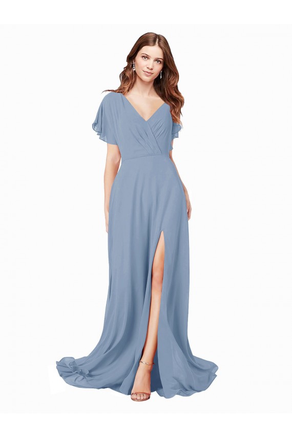 Staubiges Blau A-Linien V-Ausschnitt Chiffon Lange Brautjungfernkleider / Abiballkleider Online