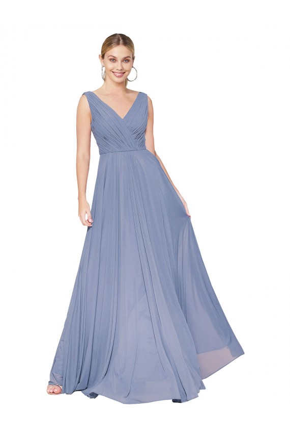 Staubiges Blau A-Linien V-Ausschnitt Chiffon Lange Formale Brautjungfernkleider / Abendkleider / Abiballkleider Online