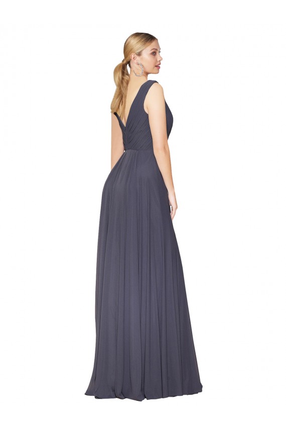 Staubiges Blau A-Linien V-Ausschnitt Chiffon Lange Formale Brautjungfernkleider / Abendkleider / Abiballkleider Online