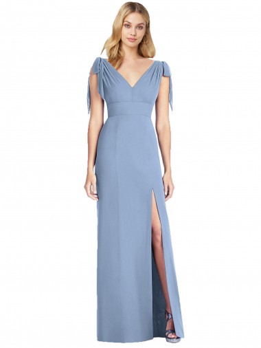 Staubiges Blau Meerjungfrau V-Ausschnitt Chiffon Lange Brautjungfernkleider Online