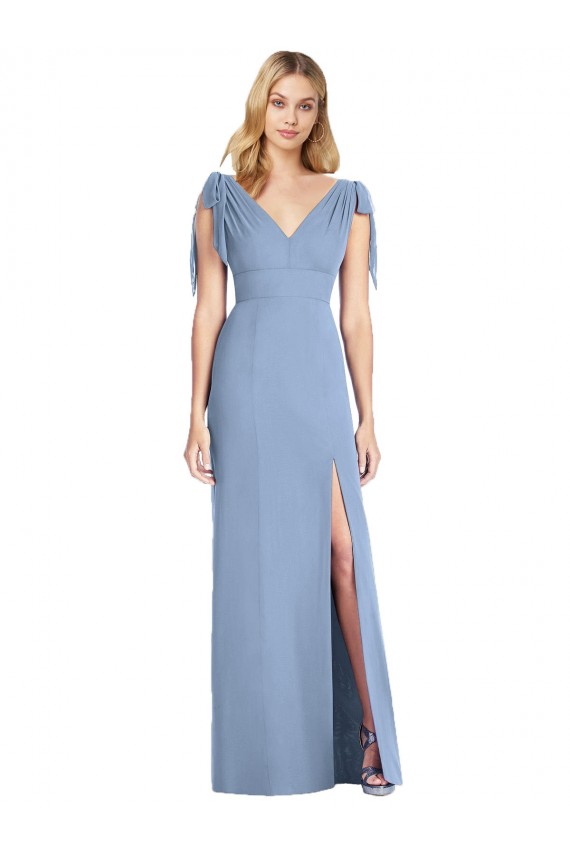 Staubiges Blau Meerjungfrau V-Ausschnitt Chiffon Lange Brautjungfernkleider Online