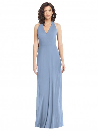 Staubiges Blau Trompete Neckholder V-Ausschnitt Chiffon Lange Formale Brautjungfernkleider / Abendkleider Online