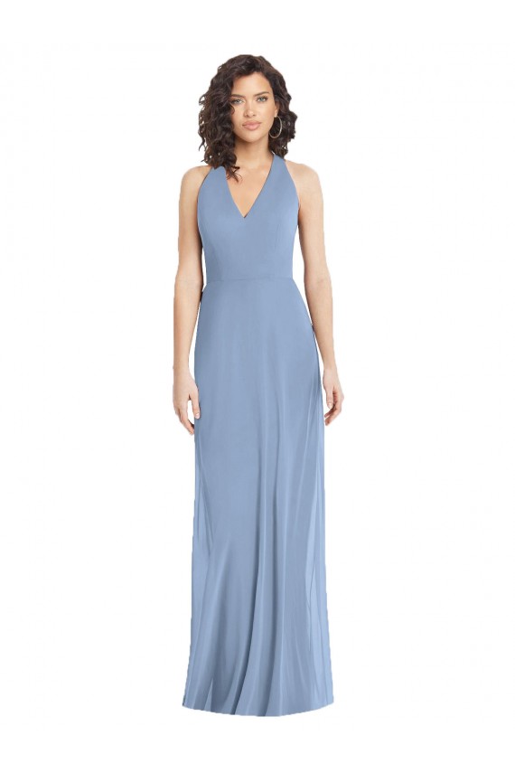 Staubiges Blau Trompete Neckholder V-Ausschnitt Chiffon Lange Formale Brautjungfernkleider / Abendkleider Online