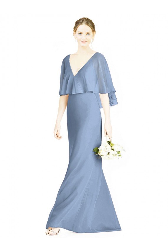 Staubiges Blau Trompete V-Ausschnitt Chiffon Lange Brautjungfernkleider Online